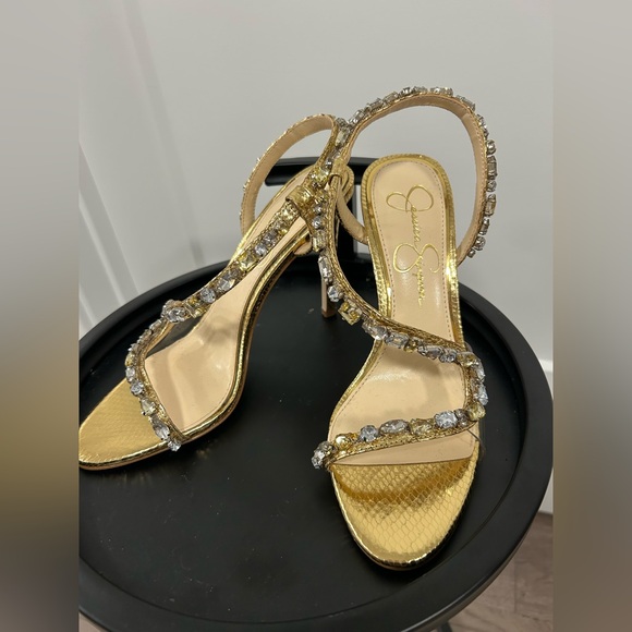 jaycin metallic embossed jewel embellished asymmetrical dress sandals Jaycin High Heel in Gold main image 1